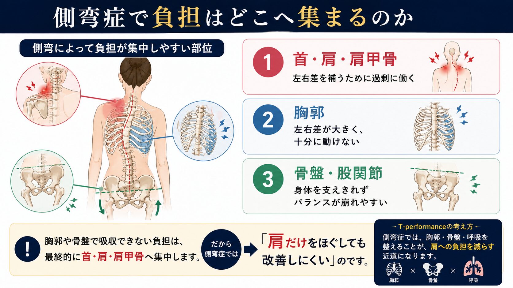 側弯症 肩こり 骨盤 胸郭 負担集中 概念図
